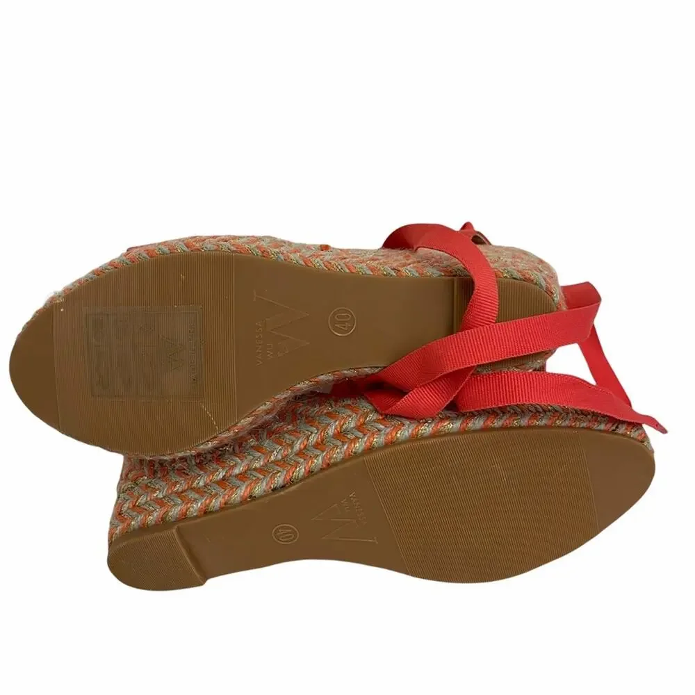 NWOT VANESSA WU Espadrille Wedge Coral Gold Gray Raffia Yarn Size 40/ US 10